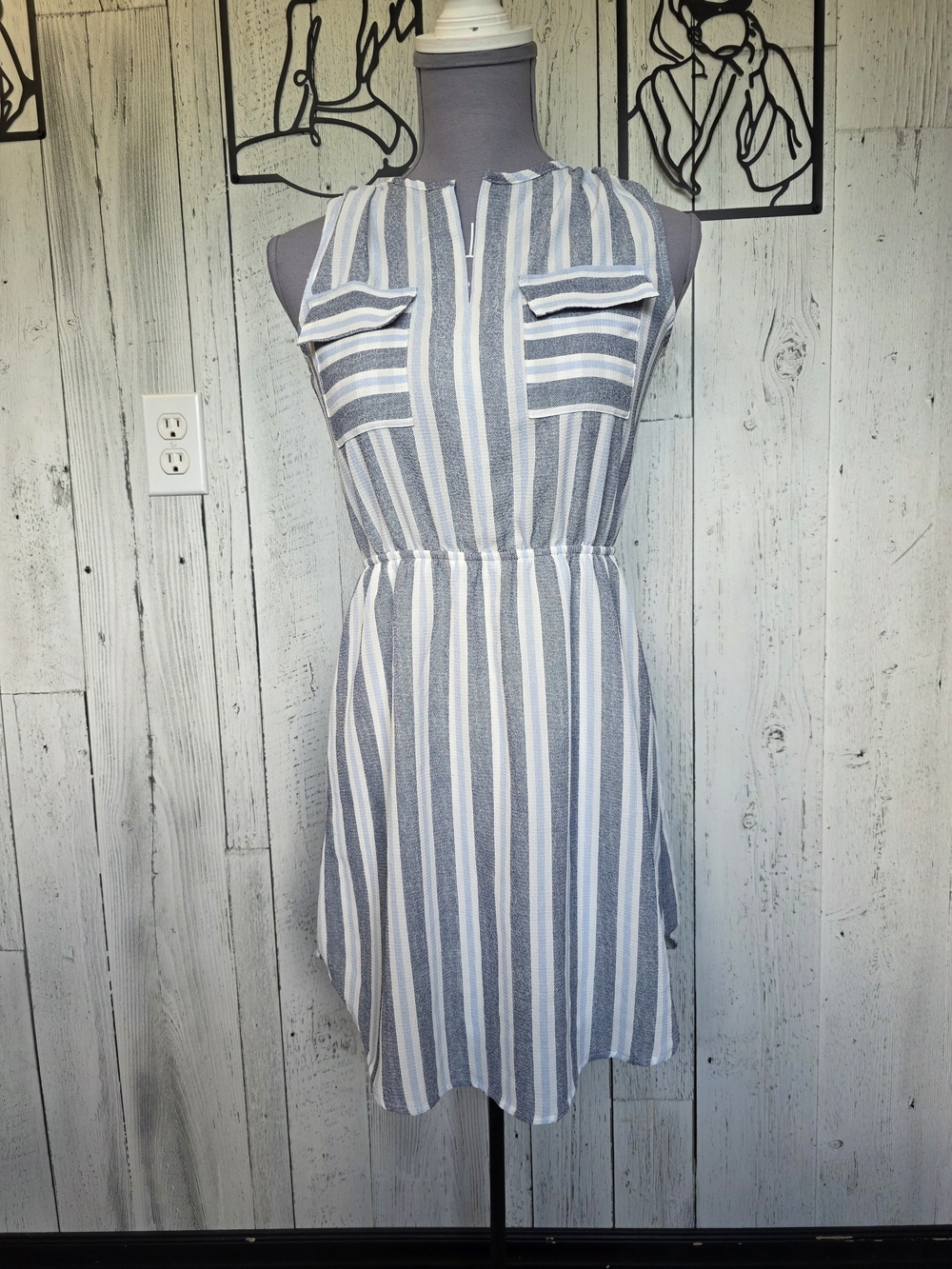 Monteau Blue & White Striped Sleeveless Dress | Size Small
